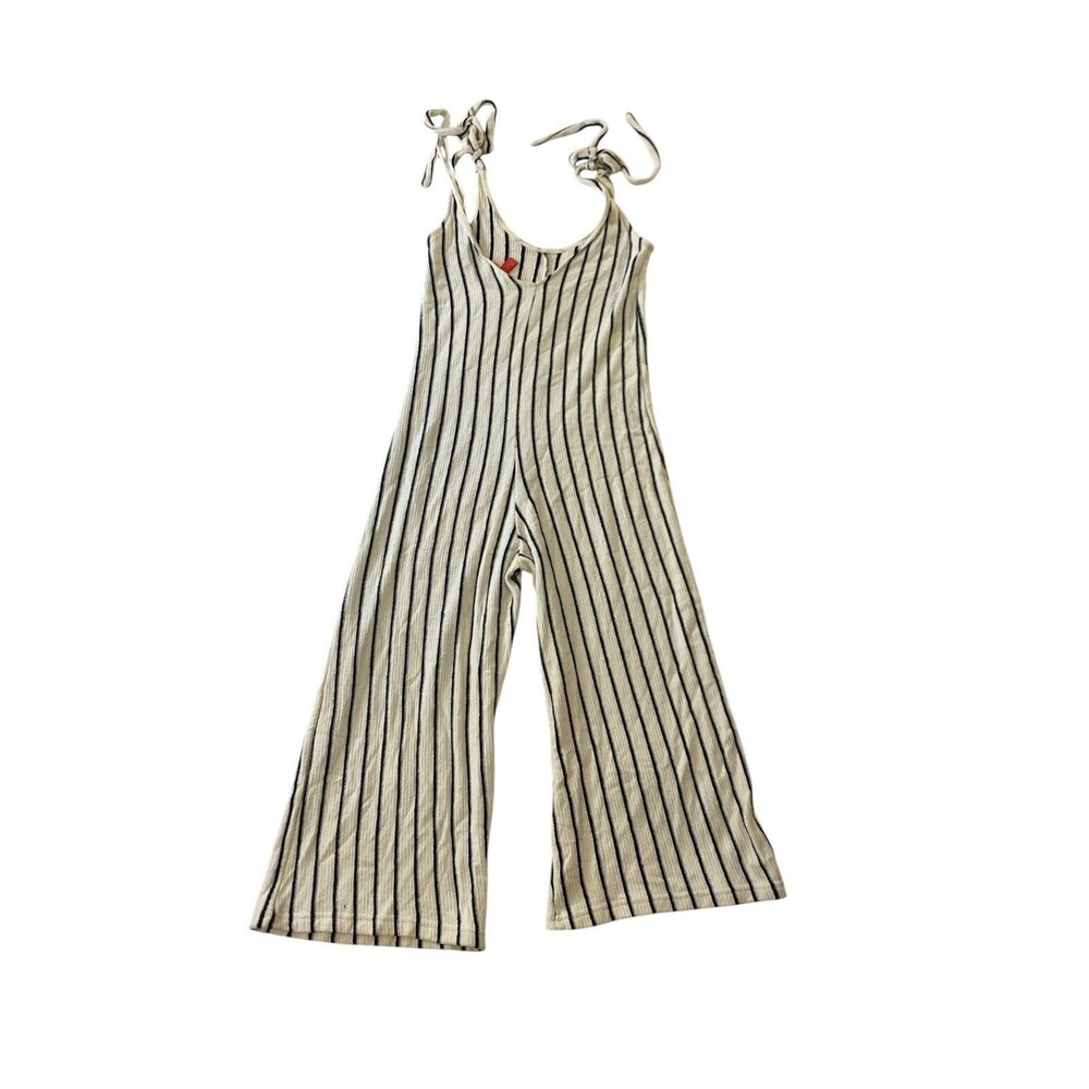 Chelsea & Violet Striped Jumpsuit Women XS Cream Black Tie Strap Wide Leg Romper - Picture 2 of 10